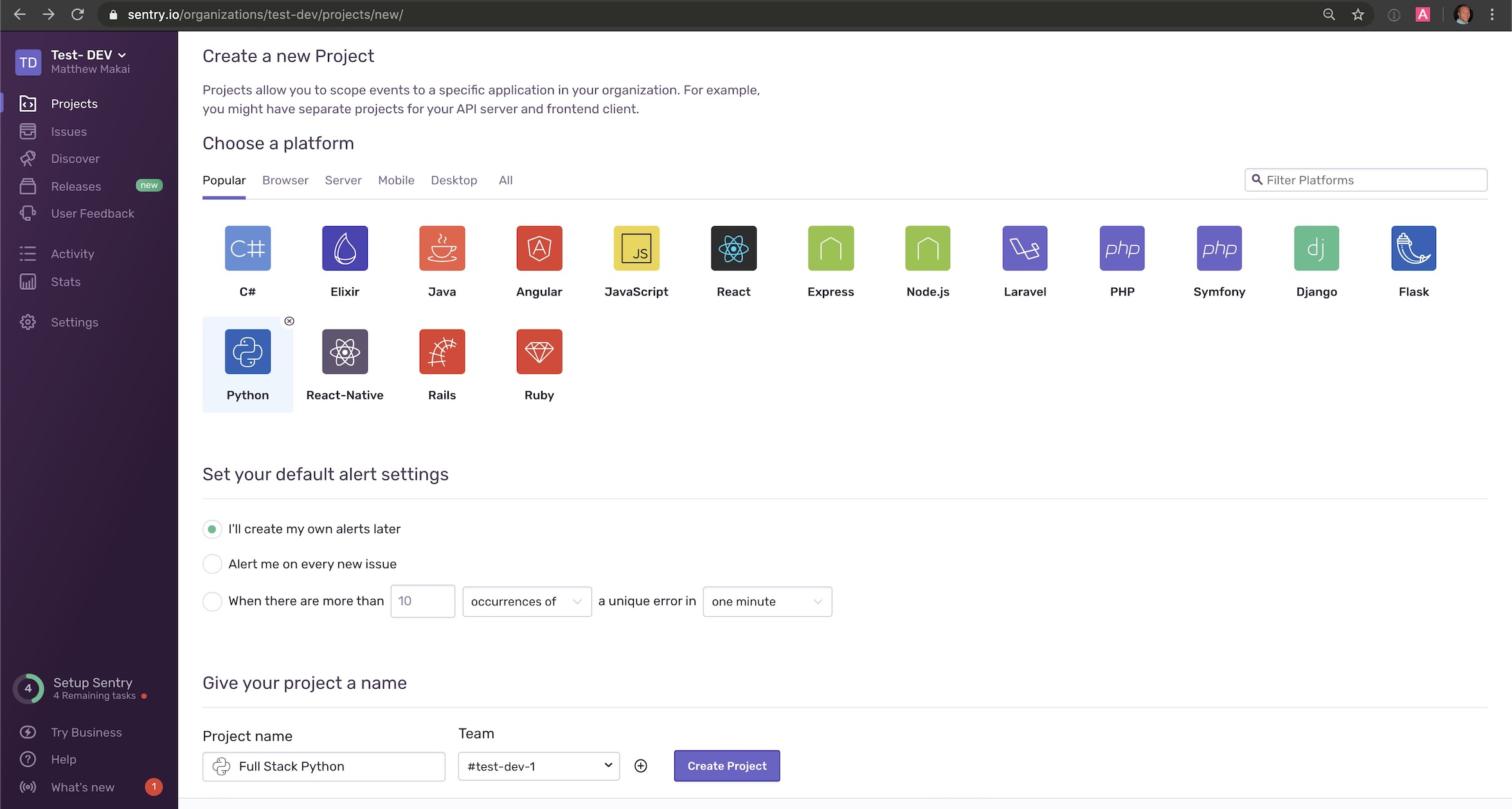 Create a new Sentry project.